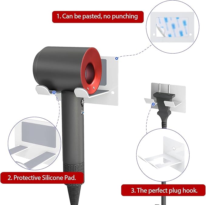 Self Adhesive Hair Dryer Holder Wall Mounted - Adhesive Bathroom Hair Blow Dryer Rack Organizer Compatible with Supersonic Hair Dryers (White)