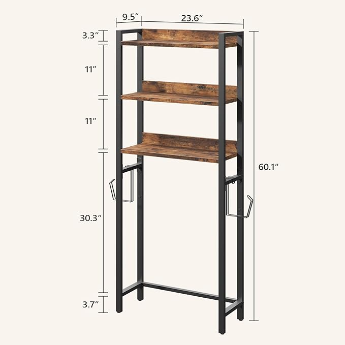 Over The Toilet Storage Rack, 3 Tier Bathroom Organizer Over Toilet, Freestanding Space Saver Toilet Stand with 2 Hooks, Bathroom Storage Shelf, Easy to Assemble, Rustic Brown TSHR6001