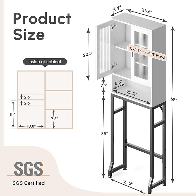USHOWER Over The Toilet Storage Cabinet, Bathroom Organizer with Tempered Glass Doors, Thicken Metal Stand & MDF Wood, Freestanding Space Saver, White