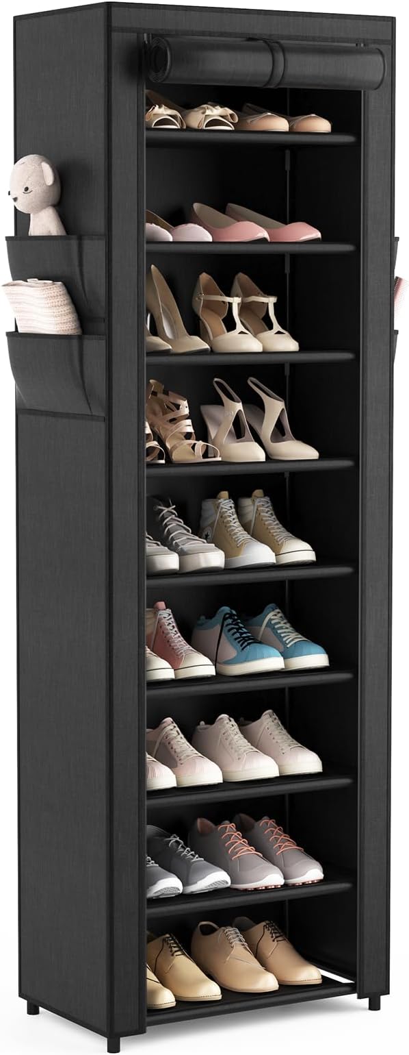 Shoe Rack with Cover Narrow Shoe Organizer with 4 Side Pockets 10 Tier Tall Shoe Storage Holds 18-22 Pairs Shoes and Boots Shoe Rack for Closet Entryway Garage