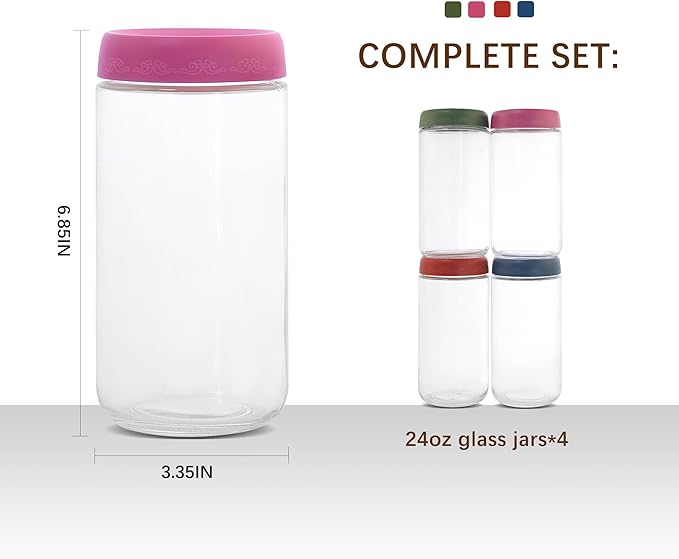 24 OZ Overnight Oats Jars with Lids 4 Pack, Glass Meal Prep Containers, Reusable Food Storage Jars, Airtight Mason Jars for Breakfast, Yogurt Parfait, Salad, Smoothies(4-1)
