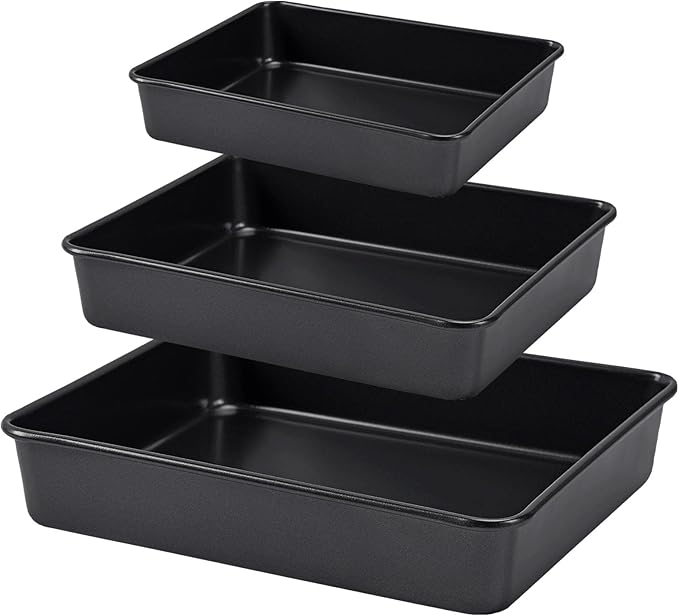 CAMOFOXIN Nonstick Roasting Pan, Deep Baking Pan Set, Large Cake Pan Sets for Oven, 3-Piece Brownie Pan （Gold）