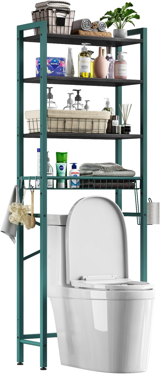 Over-The-Toilet Storage Rack, 4-Tier Bathroom Organizer Shelf Over Toilet with Adjustable Shelf and Basket, Freestanding Space Saver Bathroom Shelves Above Toilet for Room (Green- Black)