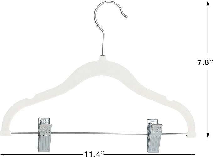 Finnhomy Non-Slip Clothes Hangers for Baby and Kids 20-Pack Velvet Hangers with Movable Clips, Heavy-Duty and Space-Saving for Pants,Skirts, Coat, White