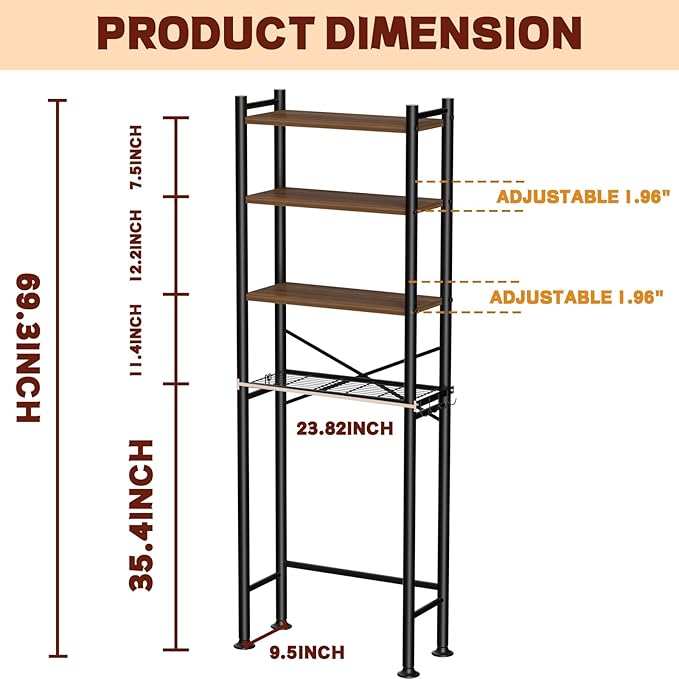 4-Tier Over-The-Toilet Storage Rack, Bathroom Organizer Shelf Over Toilet with Adjustable Shelf, Freestanding Space Saver Bathroom Shelves Above Toilet for Room (Black-Round)
