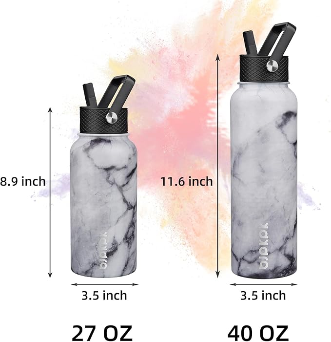 BJPKPK Insulated Water Bottles with Straw Lid, 40oz Stainless Steel Water Bottles with 3 Lids, BPA Free Leakproof Thermo, Tumblers, Cups for Sports, Gym- Marble Frozen
