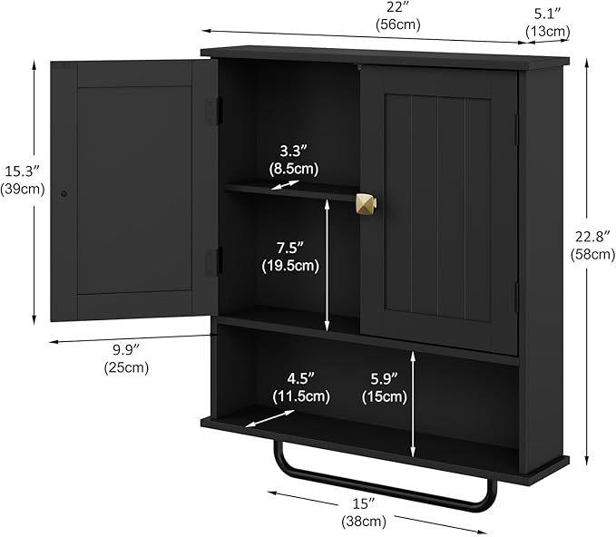 RRX Bathroom Cabinet Wall Mounted Medicine Cabinets with Towels Bar, Over The Toilet Storage Cabinet with 2 Doors and Adjustable Shelf, White Wall Cabinet for Bathroom Laundry Kitchen (Black)