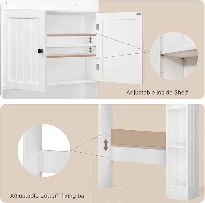Ahomly Over The Toilet Storage Cabinet, 32.3" W Over Toilet Bathroom Organizer with Doors, Adjustable Shelves, Toilet Paper Holder, 2 Side Hooks, Space-Saver for Bathroom, Laundry, White