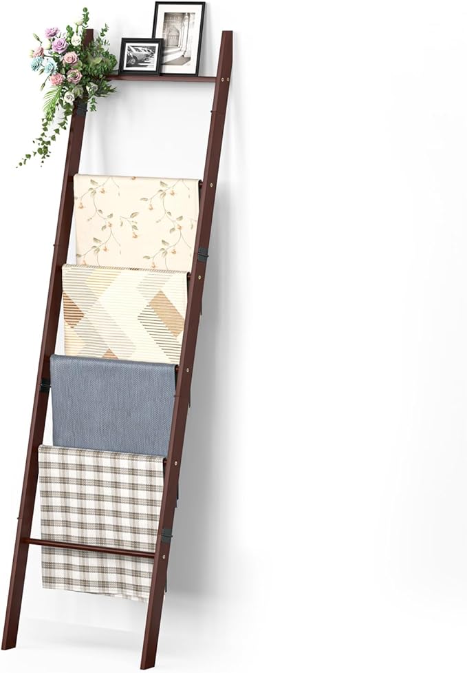 BAMBANG 6-Tier Blanket Ladder for Living Room, Blanket Quilt Ladder Rack Rustic Decorative Towel Holder, Wall Leaning Blanket Ladder Shelf Storage Farmhouse Decor for Bedroom Bathroom, Brown