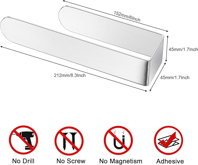HUFEEOH 2 Pack Adhesive Hand Towel Holder, Sticky Towel Bar Towel Holder Wall Mounted, Stainless Steel Kitchen Towel Holder Hand Towel Rack for Bahtroom Hotel RV Kitchen (Silver)
