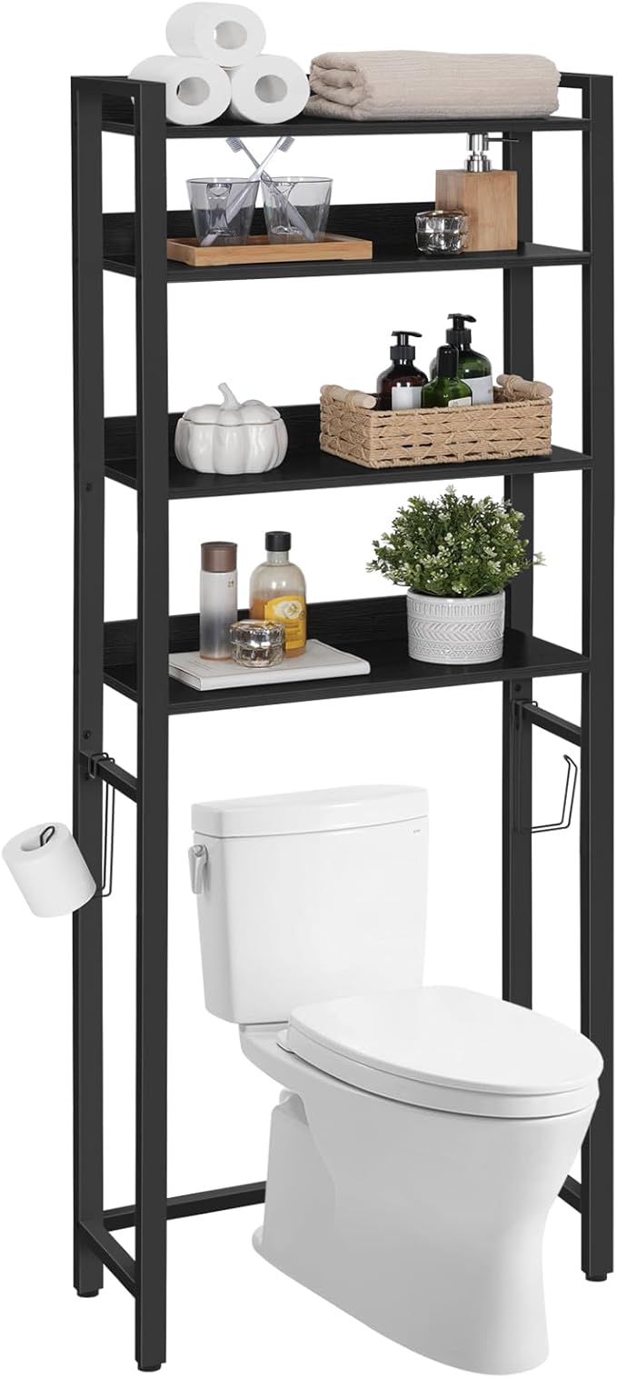 Over The Toilet Storage Rack, 4 Tier Bathroom Organizer Over Toilet, Freestanding Space Saver Toilet Stand with 2 Hooks, Bathroom Storage Shelf, Easy to Assemble, Black TSHB0401