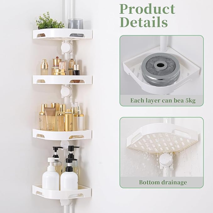 Tension Pole Shower Caddy Organizer with 4 Tier L-Shaped Rust Resistant Bathroom Corner Shelves with 34-124 Inch Adjustable No Drilling Quick Install Shower Rack for Bath Essentials (White)
