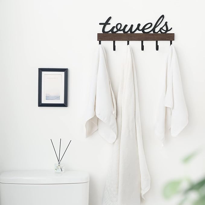 Dahey Small Towel Rack with 6 Hooks, Towel Holder Wall Mount Bathroom Organizer Rustic Farmhouse Home Decor Hanger Storage Hooks for Towel, Robe, Bag, 15" L X 6.7" H, Brown