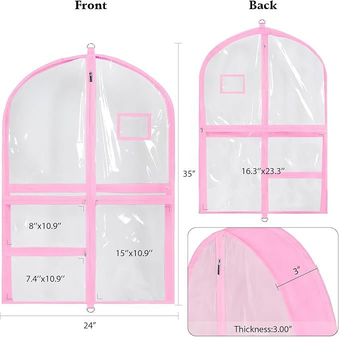 Univivi Clear PVC Dance Costume Bags, 35 Inch Garment Bag for Dance Competitions, with 3 Seperated Medium Clear Zipper Pockets and 1 Large Back Zippered Pocket (Clear/Pink)