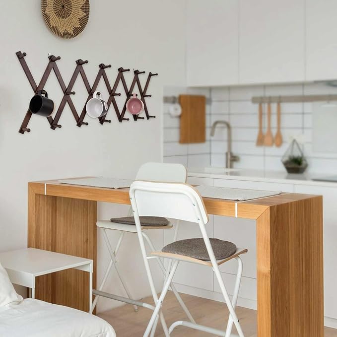 Accordion Wall Hanger with 20 Hooks, Expandable Wall Hat Display Rack, Wooden Wall Hook for Coat, Hats, Baseball Caps, Coffee Mug, Jewelry(Brown)