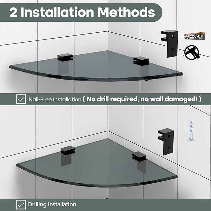 2-Pack Glass Shelf Shower Caddie, Shower Shelves for Inside Shower, Drilling Free Adhesive Wall Mounted Bathroom Organizer Shelves with Aluminium Brackets, Black