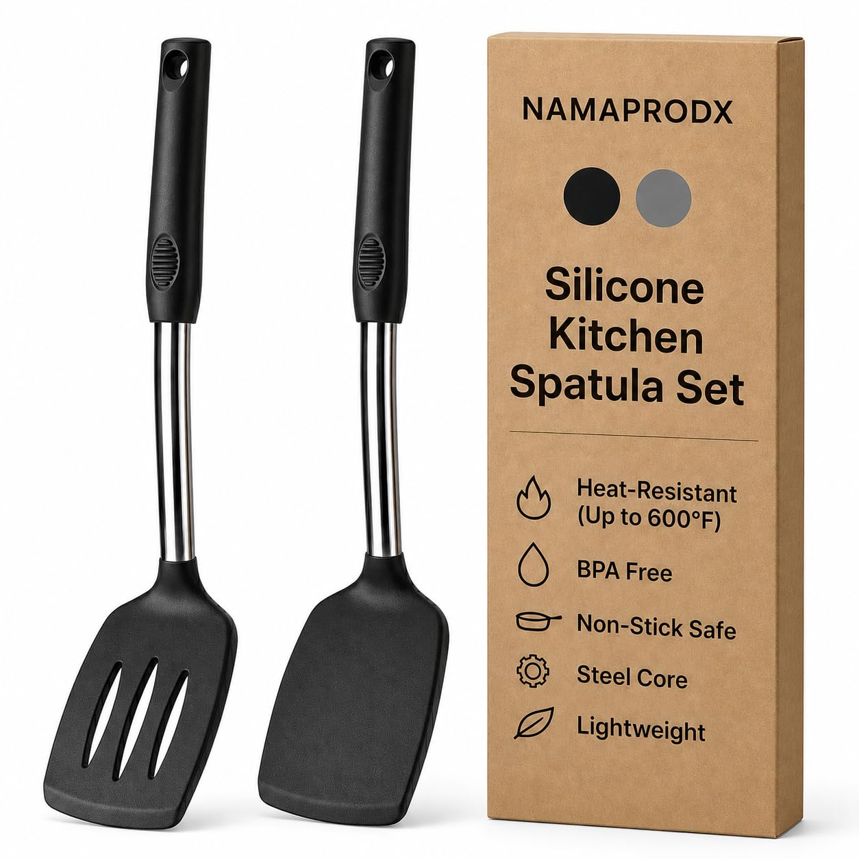 NAMAPRODX Silicone Spatula Set (2-Pc) - 600°F Heat Resistant, BPA Free, Non-Scratch, Dishwasher Safe I Slotted & Solid Kitchen Spatula Turners I Ideal for Eggs, Pancakes, Fish I Stainless Steel I Gray