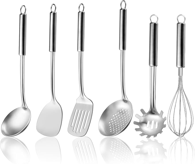 Gymdin Stainless Steel Kitchen Cooking Utensils Set of 7 - Kitchen Utensils with Hanging Rack, Spatula, Slotted Turner, Soup Ladle, Slotted Spoon, Whisk, Pasta Server, Holder, Dishwasher Safe