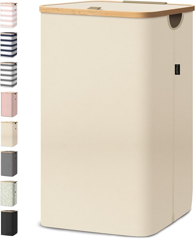 BALEINE Laundry Hamper with Lid, Tall Laundry Baskets with Bamboo Pull Handles, Large Laundry Bin with Internal Support (18 Gal/70L, Beige)