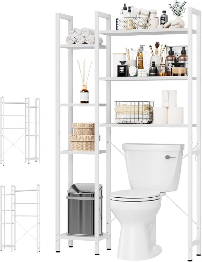 OTK Over The Toilet Storage with 7-Tier Bathroom Organizer Shelf, Freestanding Space Saver with Adjustable Feet & Hooks, Storage Rack for Bathroom, Restroom, Laundry, White