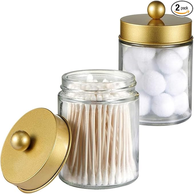 Amolliar Apothecary Jars Bathroom Storage Organizer -Countertop Storage Organizer Canister Jar - Cute Qtip Dispenser Holder Glass with Lid- for Cotton Swabs,Bath Salts,Hair Band / 2-Pack(Gold)