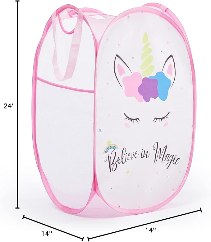 TECHMILLY Collapsible Mesh Pop Up Laundry Hamper with Sturdy Handles and Side Pocket - Portable Foldable Clothes Baskets for Dorm, Bathroom & Travel Storage (Unicorn)