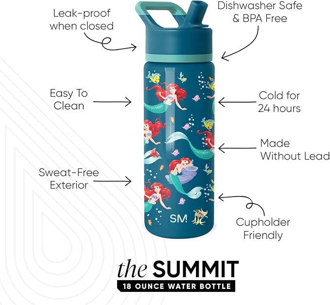 Simple Modern Kids Summit Water Bottle with Straw Lid | Disney The Little Mermaid Ariel 18oz Stainless Steel Cup Insulated Tumbler for Girls, School | Ariel's Day Dream