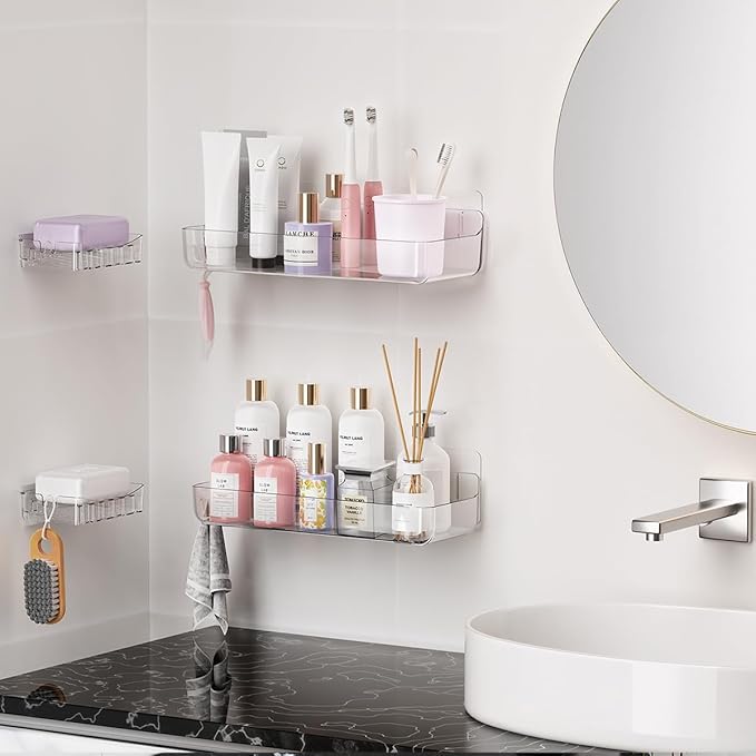 Sotfamily Clear Shower Caddy, Acrylic Wall Mounted Shower Shelves with Soap Dish & Adhesive Pads for Bathroom Organizers and Storage, No Drill Shower Caddies for Bathroom Decor