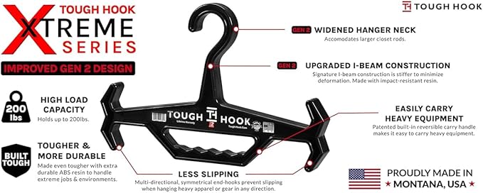 Tough Hook Original Xtreme Heavy Duty Hanger - The Superhero of Hangers USA-Made 200lb Capacity - Anti-Slip Design for Police Body Armor, Scuba BCD & Wetsuits - Durable ABS DuraResin, 1 Pack Black