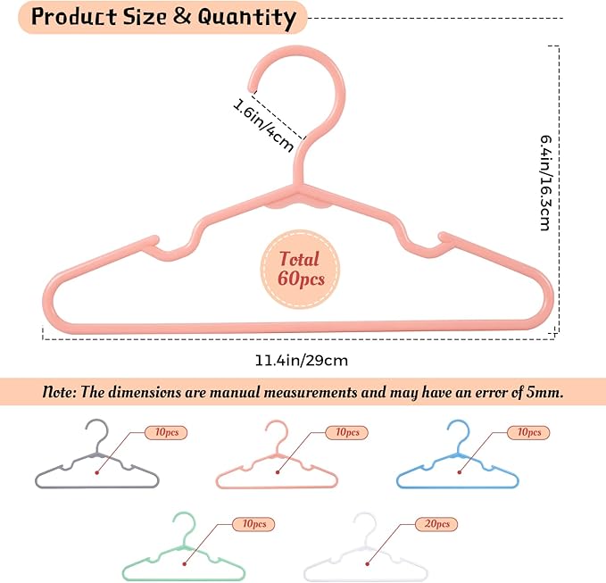 Baby Kids Hangers for Closet - 11.6 Inch 60 Pack Plastic - Children Infant Toddler Hangers for Clothes (Mix Color)