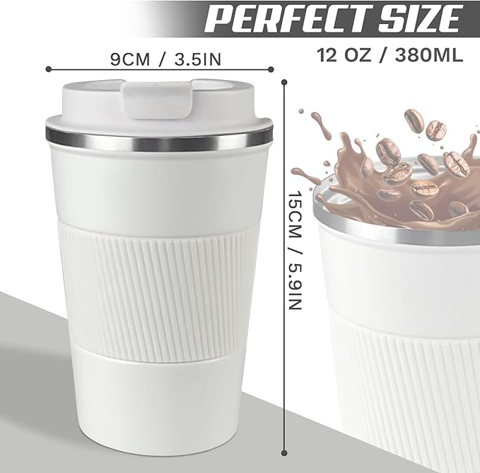 Vacuum-Insulated Stainless Steel Travel Coffee Mug, Leak-Proof Reusable Coffee Cup with Lid - Keep Hot & Cold Drinks for Hours, Durable Insulated Tumbler for Men & Women(3rd-White, 12OZ)