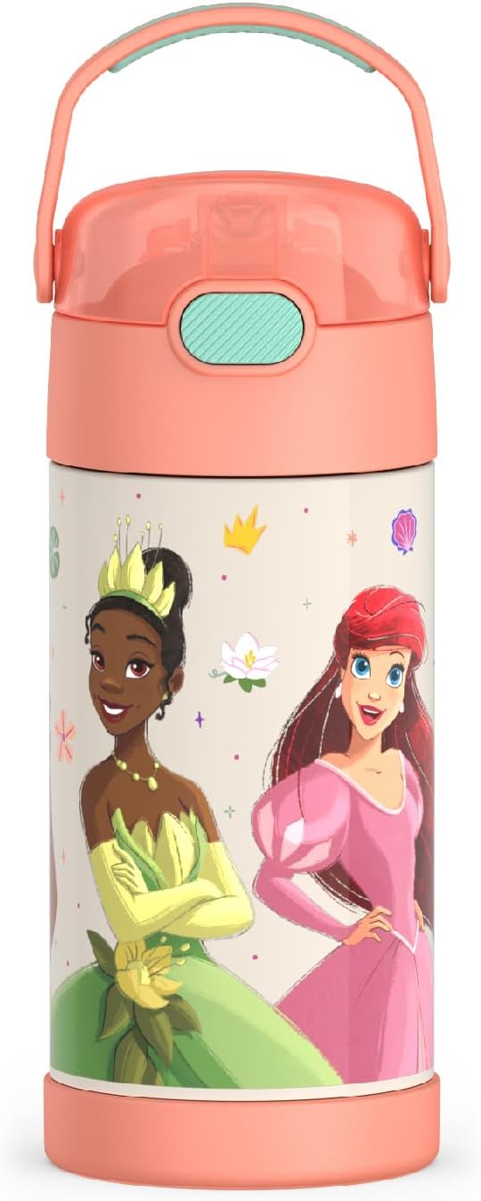 THERMOS FUNTAINER Water Bottle with Straw - 12 Ounce - Kids Stainless Steel Vacuum Insulated Water Bottle with Lid, Princesses
