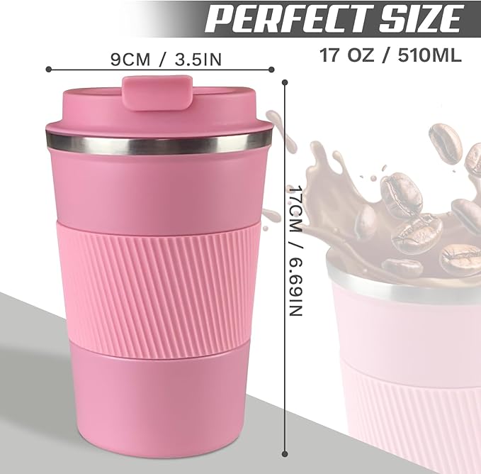 Vacuum-Insulated Stainless Steel Travel Coffee Mug, Leak-Proof Reusable Coffee Cup with Lid - Keep Hot & Cold Drinks for Hours, Durable Insulated Tumbler for Men & Women(3rd-Pink, 17OZ)