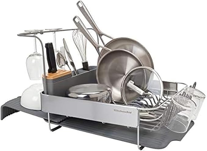 KitchenAid Compact to Full Size Expandable, Rust Resistant Satin Coated Dish Rack with Angled Self Draining Drain Board and Removable Flatware Caddy, 24-Inch, Charcoal