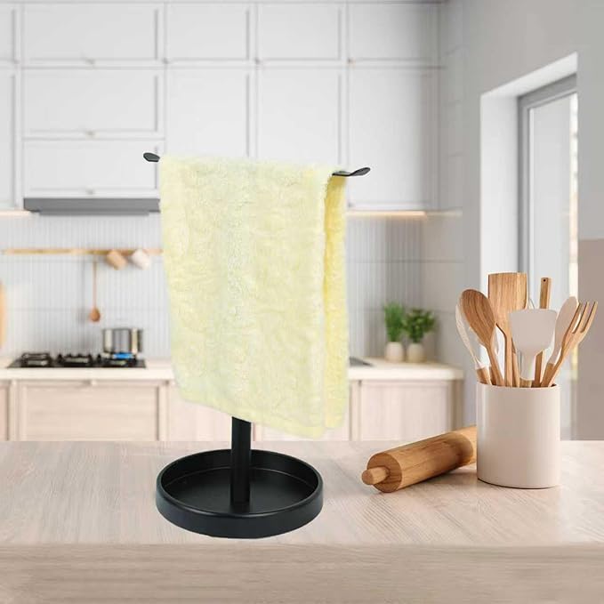 Hand Towel Holder Stand for Bathroom with Storage Tray, SUS304 Stainless Steel T-Shape Towel Bar Rack Stand for Bathroom Kitchen Vanity Countertop, Matte Black