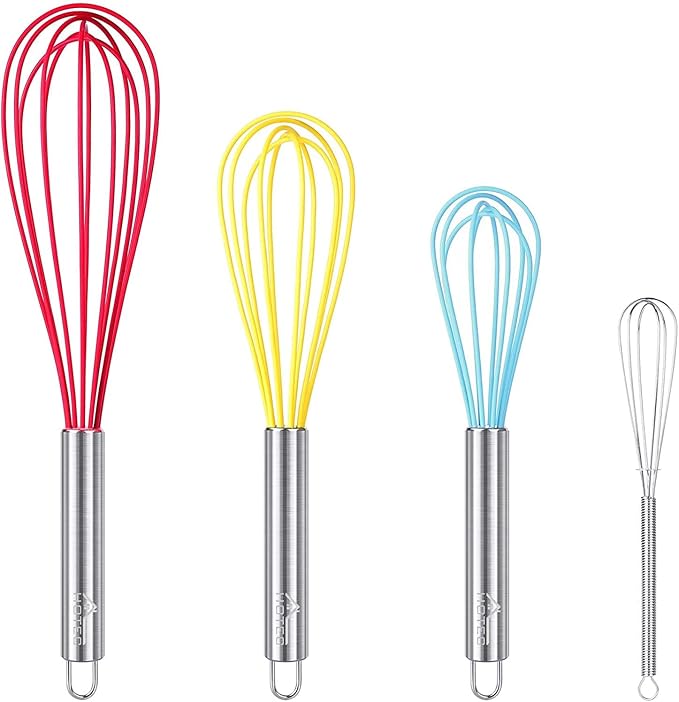 HOTEC 4 Pieces Silicone Whisks Set, Wire Balloon Whisks for cooking Egg Beater, Non-slip Handle Whisk for Non-stick Cookware Perfect for Cooking, Stirring, Beating and Blending,Multicolor