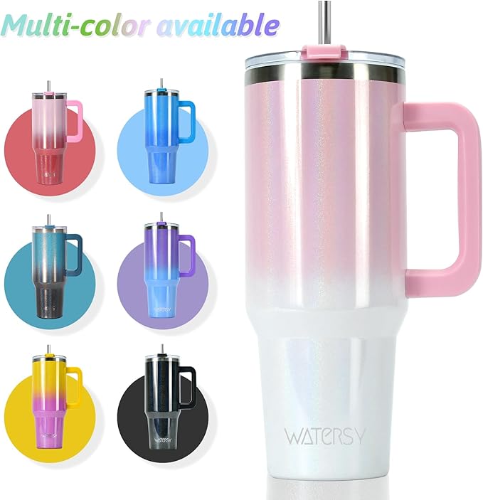 40 oz Shiny Tumbler with Handle and Straw,Stainless Steel Tumbler with Lid and Straw,Insulated Travel Mug(Cold for 34 Hours),Water Bottle for Iced Tea,Coffee (Pink)