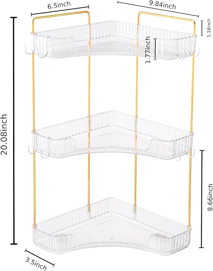 3-Tier Corner Bathroom Organizer Countertop with Hooks, Bathroom Sink Corner Vanity Storage for Makeup, Skincare and Perfume (White Gold)