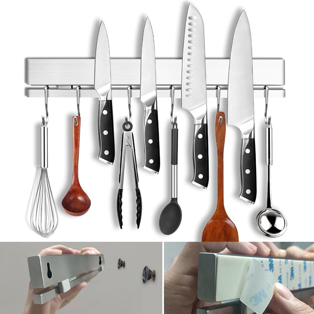 YIIYIIN 17 Inch Magnetic Knife Holder, 12 Hooks, Black