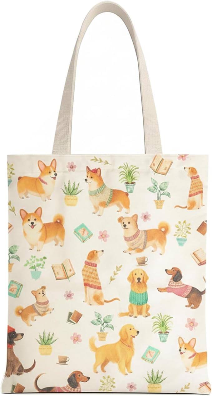 MOLOVA 1-PACK Reusable Grocery Shopping Bag, Cute Dog Pattern Canvas Tote Bag with Magnetic Snap Closure and Zipper Inner Pocket