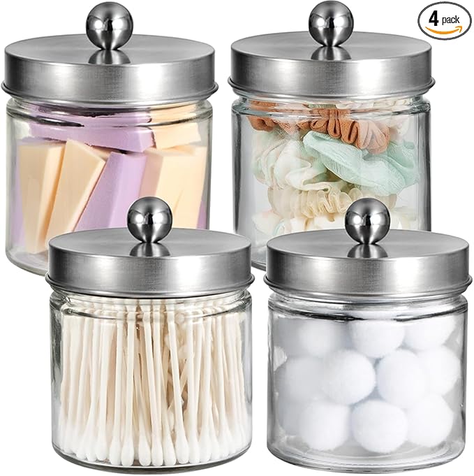 SheeChung Bathroom Organizers and Storage - 4Pack Qtip Holders Bathroom Canister Apothecary Jars for Cotton Swabs, Rounds, Balls, Qtips,Makeup Sponges, Flossers,Bath Salts - Brushed Nickel