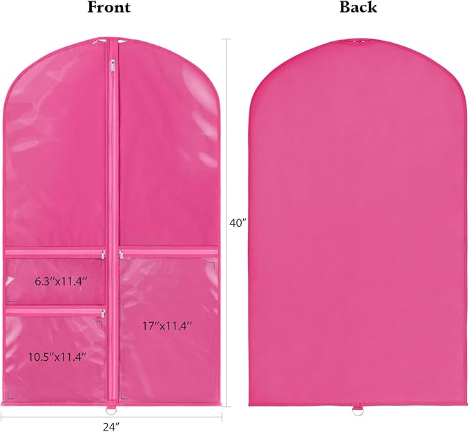 Univivi 40 Inch Clear Garment Bags for Dance Costumes, Kids Dance Costume Garment Bag for Hanging Clothes with 3 Medium Clear Zipper Pockets for Dance Costumes, Closet Storage(Rose Red)