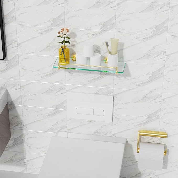 Glass Bathroom Shelves,Brushed Gold Floating Shelves for Wall Rectangular Modern Stainless Steel Glass Shelf for Bathroom Shelves Wall Mounted 16 Inch