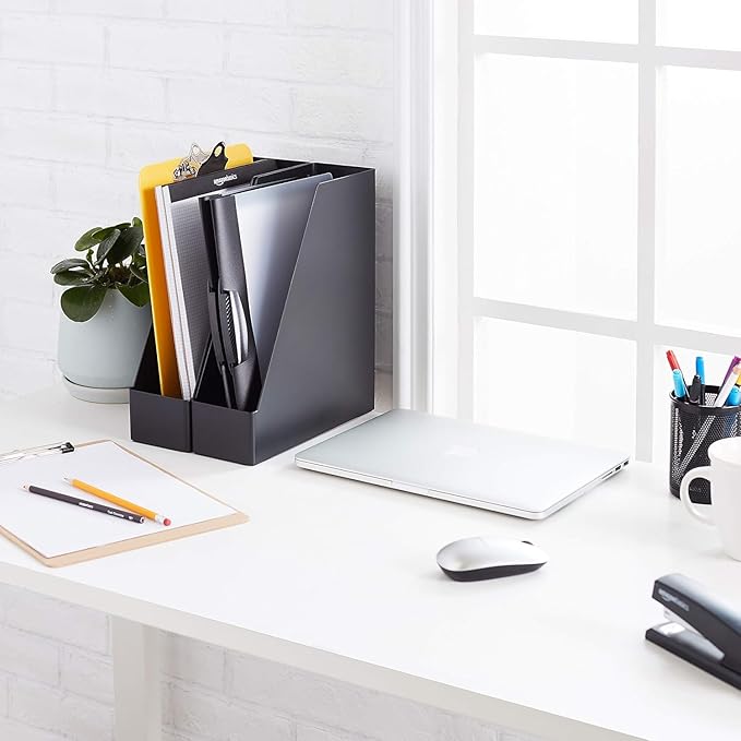 Amazon Basics Plastic Desk Organizer Magazine Rack and File Holder, Black, 2-Pack