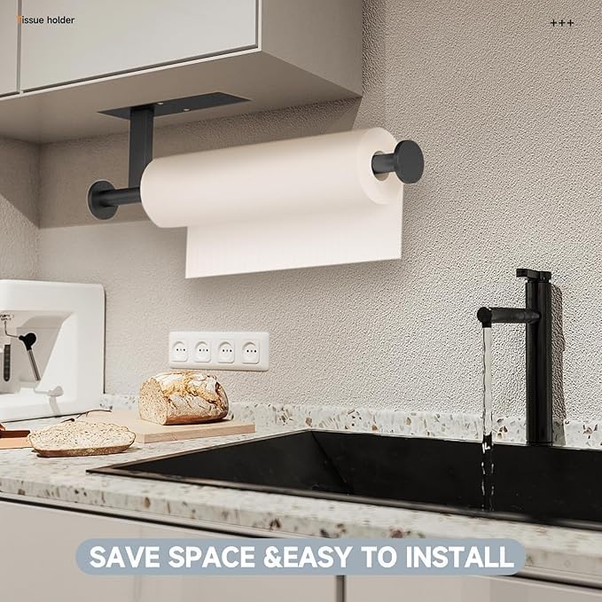 Paper Towel Holder Wall Mount - Self Adhesive No Drill or Drilling, SUS304 Stainless Steel - Kitchen, Bathroom, Sink, Pantry, Fridge(Black)