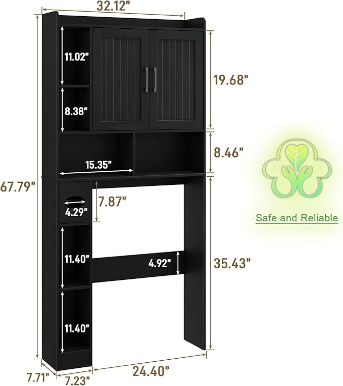 Vabches Over The Toilet Storage Cabinet, Farmhouse Storage Cabinet Over Toilet with Barn Door, Home Space-Saving Toilet Rack, for Bathroom, Restroom, Laundry（Black）.