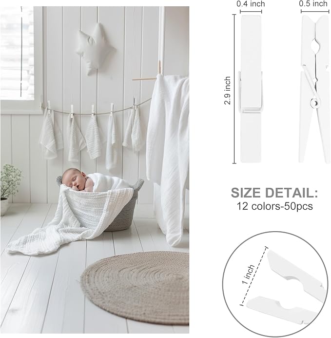 White Clothes pins 2.9inch 50PCS White, Colorful ClothesPins Wooden Clips for Photos Pictures Decorative Crafts, Decoration Colored clothespins Clothing Hanging clothespins