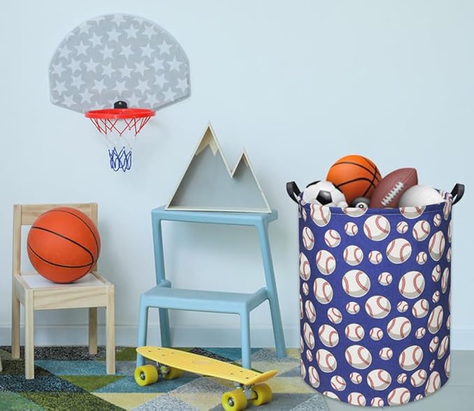 HIYAGON Baseball Kids Laundry Hamper, Large, Cotton & Linen, Waterproof PE Coating, Collapsible, Multi-purpose, Dinosaur Pattern