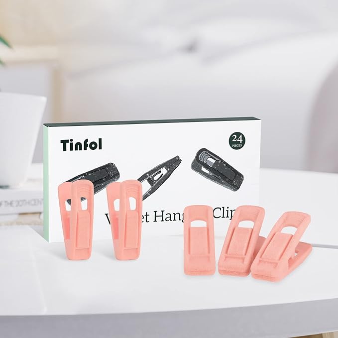 Tinfol Pink Velvet Hanger Clips Pack of 24, Pants Velvet Clips, Premium Large Opening Clothes Pin, Strong Finger Flocked Clip Perfect for Use with Slim-line Clothes Velvet Hangers
