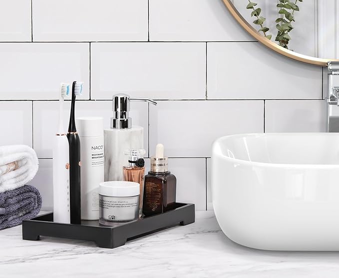 Luxspire Vanity Tray, 6"x 10" Rectangle Bathroom Tray, Toilet Tank Tray, Resin Kitchen Tray Decorative Jewelry Tray, Vanity Countertop Organizer Bathroom Accessories, Medium, Matte Black